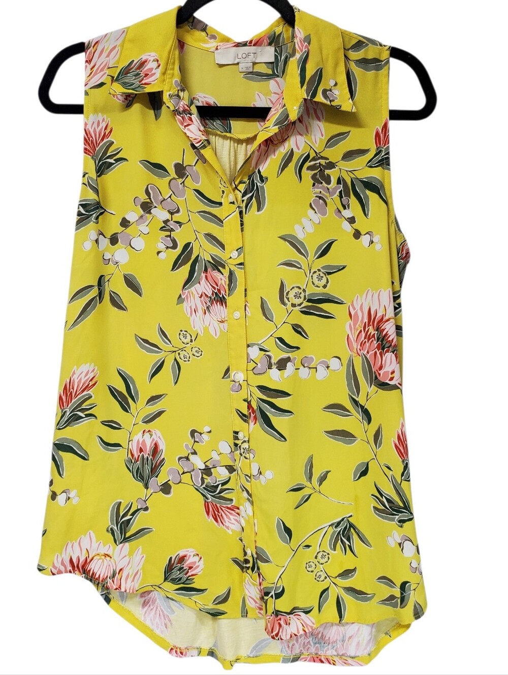 LOFT Yellow Floral Sleeveless Button-Front Shirt Mixed Media Button Shell Medium